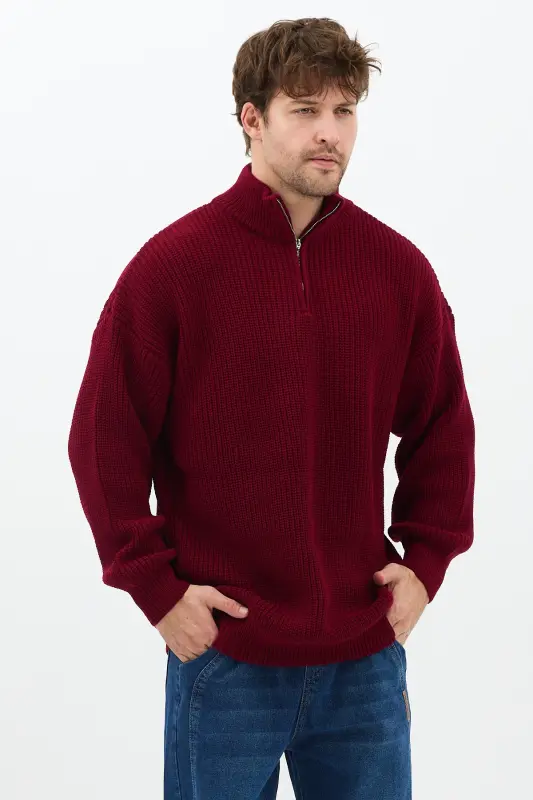 erkek oversize premium kalite salaş kazak-Bordo - 7