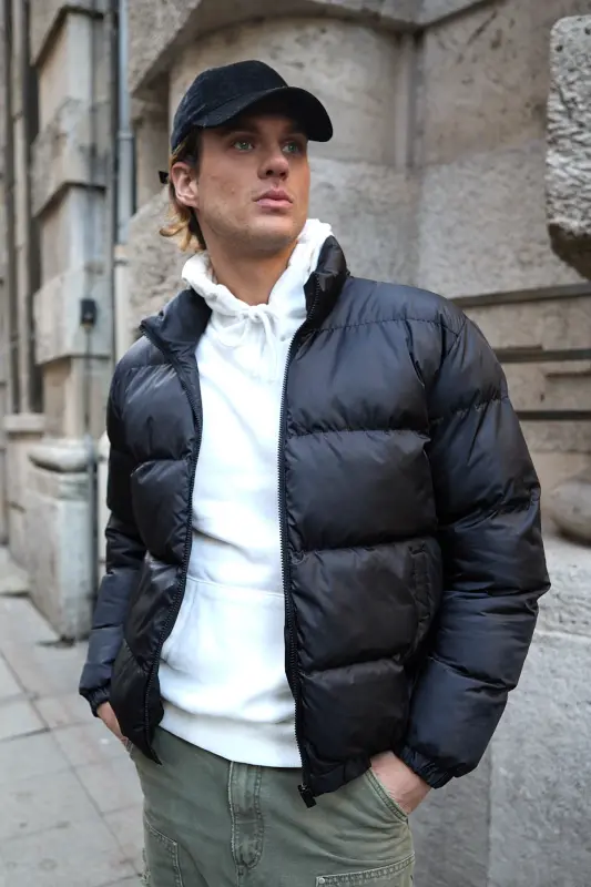 Erkek Oversize Şişme Mont Siyah Rüzgar Geçirmez-Siyah - 2