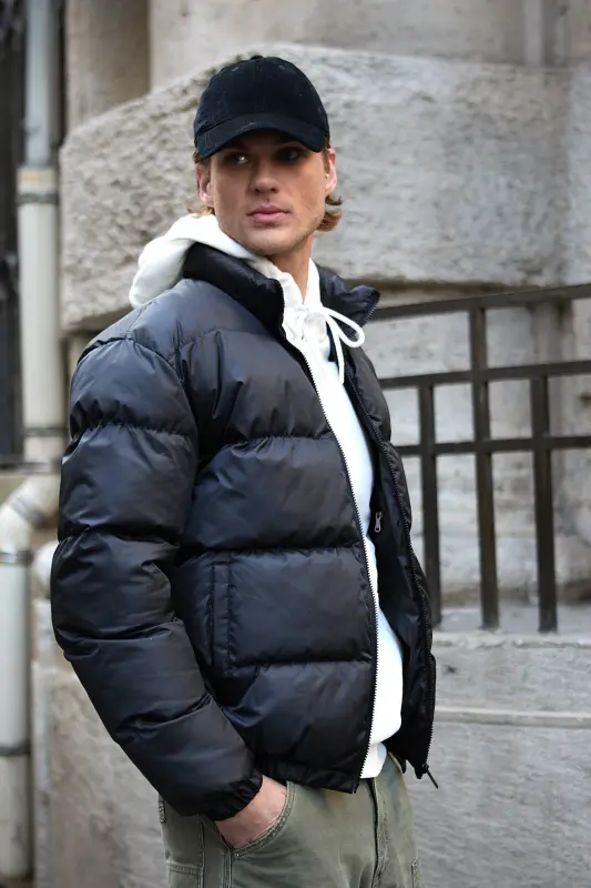 Erkek Oversize Şişme Mont Siyah Rüzgar Geçirmez-Siyah - 7