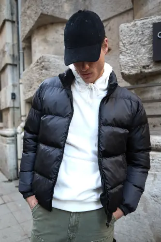 Erkek Oversize Şişme Mont Siyah Rüzgar Geçirmez-Siyah - 8