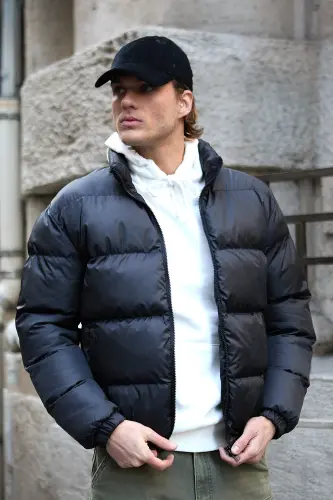 Erkek Oversize Şişme Mont Siyah Rüzgar Geçirmez-Siyah 