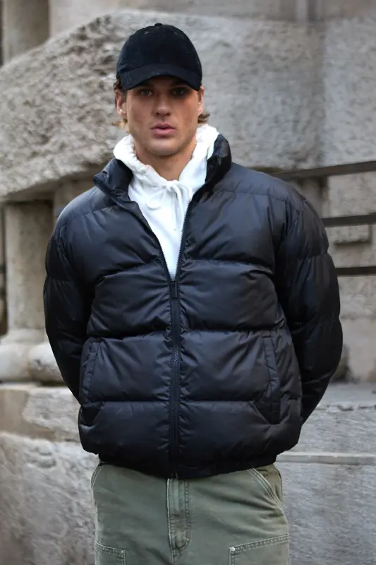 Erkek Oversize Şişme Mont Siyah Rüzgar Geçirmez-Siyah - 3