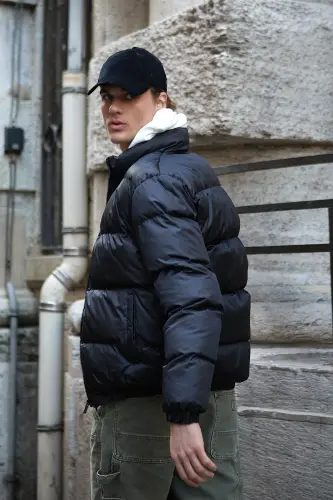 Erkek Oversize Şişme Mont Siyah Rüzgar Geçirmez-Siyah - 4