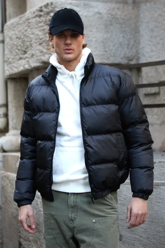 Erkek Oversize Şişme Mont Siyah Rüzgar Geçirmez-Siyah - 5