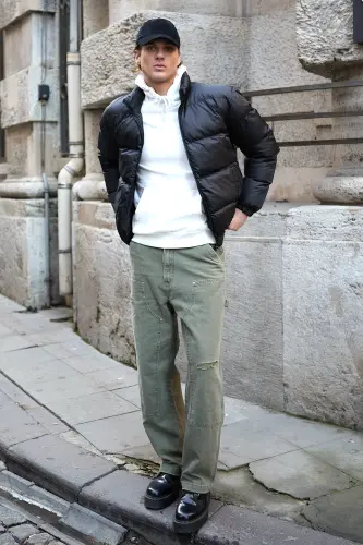 Erkek Oversize Şişme Mont Siyah Rüzgar Geçirmez-Siyah - 6