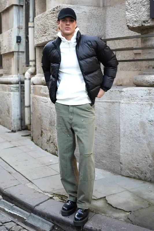 Erkek Oversize Şişme Mont Siyah Rüzgar Geçirmez-Siyah - 6