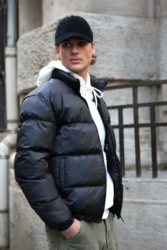 Erkek Oversize Şişme Mont Siyah Rüzgar Geçirmez-Siyah - 7