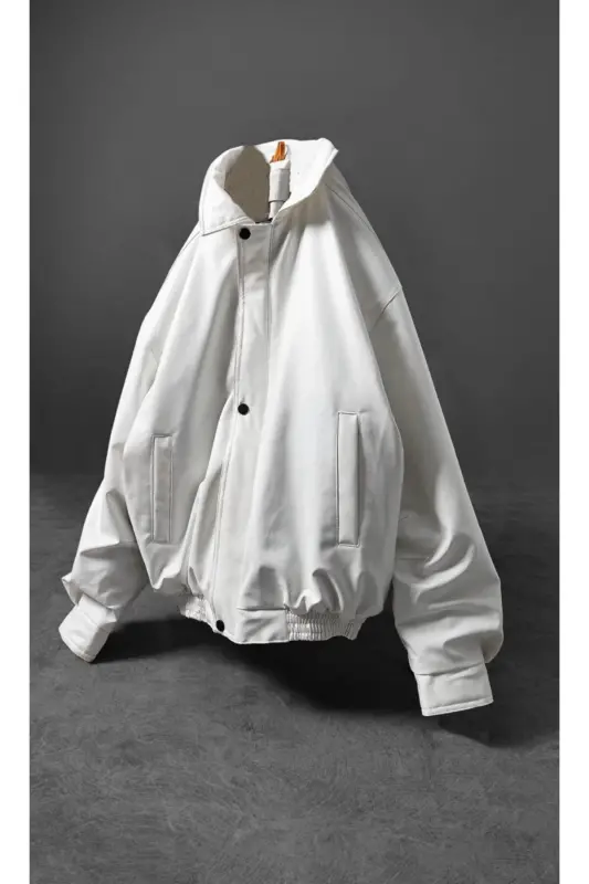 ERKEK OVERSİZE/SALAŞ PREMİUM BOMBER DERİ CEKET-Ekru deri - 1