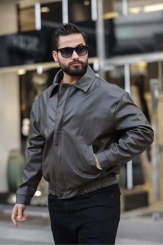 ERKEK OVERSİZE/SALAŞ PREMİUM BOMBER DERİ CEKET-Haki DERİ - 3