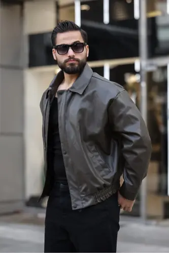 ERKEK OVERSİZE/SALAŞ PREMİUM BOMBER DERİ CEKET - Haki DERİ 