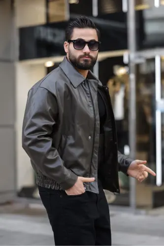 ERKEK OVERSİZE/SALAŞ PREMİUM BOMBER DERİ CEKET - Haki DERİ - BASEL.CO (1)
