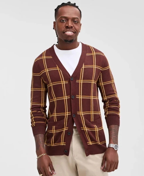 Men's Cotton Windowpane-Plaid Cardigan Sweater, Exclusively at Modazone-Golden Brown - Club Room
