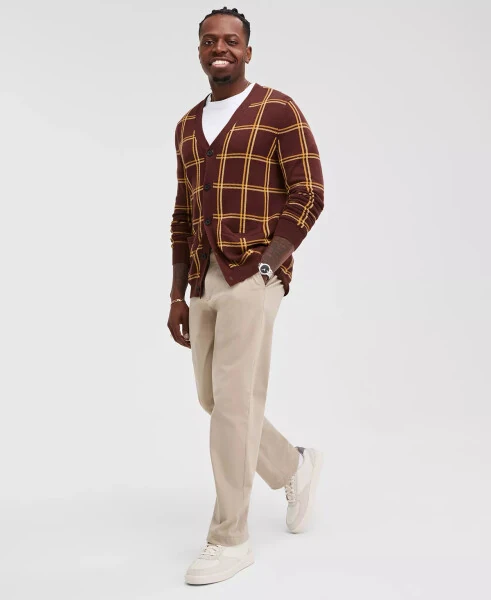 Men's Cotton Windowpane-Plaid Cardigan Sweater, Exclusively at Modazone-Golden Brown - Club Room (1)