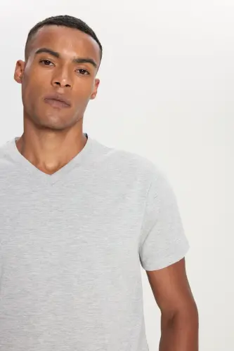Erkek Pamuklu V Yaka Gri Melanj Slim Fit Dar Kesim Tişört - Gri Melanj - 1