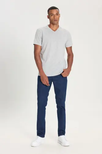 Erkek Pamuklu V Yaka Gri Melanj Slim Fit Dar Kesim Tişört - Gri Melanj - 4