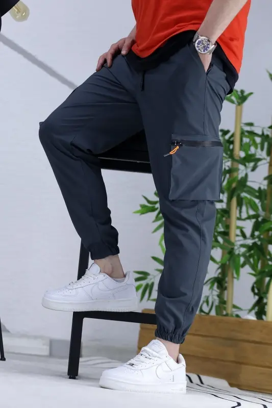 Erkek Paraşüt Kumaş Kargo Jogger Pantalon (DAR KESİM)-Füme - 7