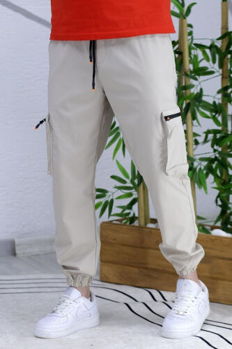 Erkek Paraşüt Kumaş Kargo Jogger Pantalon (DAR KESİM)-Bej - 3