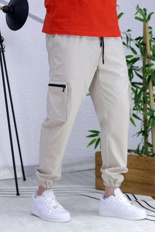 Erkek Paraşüt Kumaş Kargo Jogger Pantalon (DAR KESİM)-Bej - 4