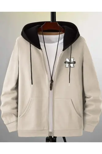 Erkek Parçalı Renk Bej New York Baskılı Kapüşonlu Fermuarlı Hırka-Bej - 1