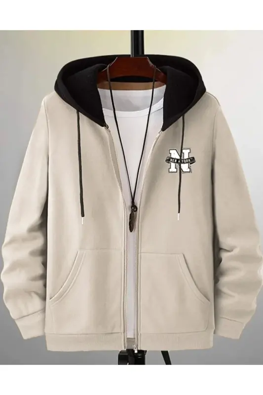 Erkek Parçalı Renk Bej New York Baskılı Kapüşonlu Fermuarlı Hırka-Bej - ALTAMIRA