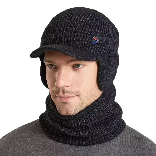 Men Plush Balaclava Hat with Scarf Winter Warm Baseball Beanie Caps Fleece Lined Knitted Skull Ski Masck Hat - MEN (1)