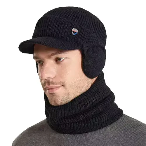 Men Plush Balaclava Hat with Scarf Winter Warm Baseball Beanie Caps Fleece Lined Knitted Skull Ski Masck Hat - 3