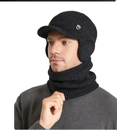 Men Plush Balaclava Hat with Scarf Winter Warm Baseball Beanie Caps Fleece Lined Knitted Skull Ski Masck Hat - 4
