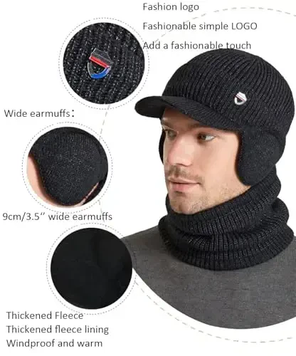 Men Plush Balaclava Hat with Scarf Winter Warm Baseball Beanie Caps Fleece Lined Knitted Skull Ski Masck Hat - 6