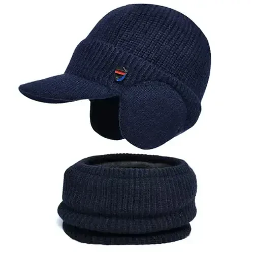 Men Plush Balaclava Hat with Scarf Winter Warm Baseball Beanie Caps Fleece Lined Knitted Skull Ski Masck Hat - 2