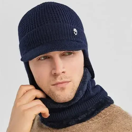 Men Plush Balaclava Hat with Scarf Winter Warm Baseball Beanie Caps Fleece Lined Knitted Skull Ski Masck Hat - 4