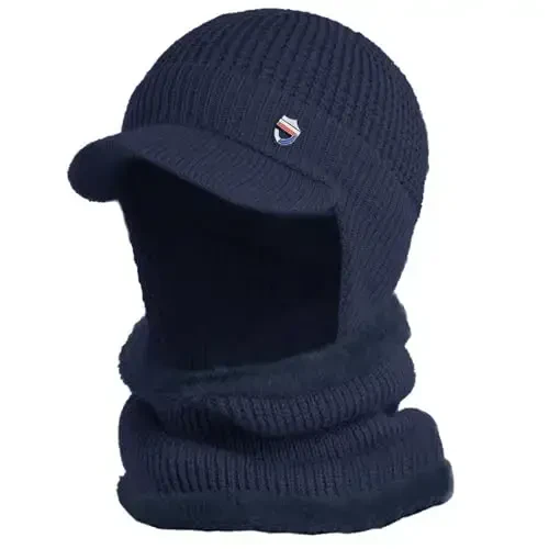 Men Plush Balaclava Hat with Scarf Winter Warm Baseball Beanie Caps Fleece Lined Knitted Skull Ski Masck Hat - 6