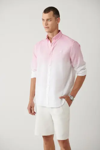 Erkek Pembe Düğmeli Yaka %100 Keten Comfort Fit Gömlek A41Y2195 - Pembe 