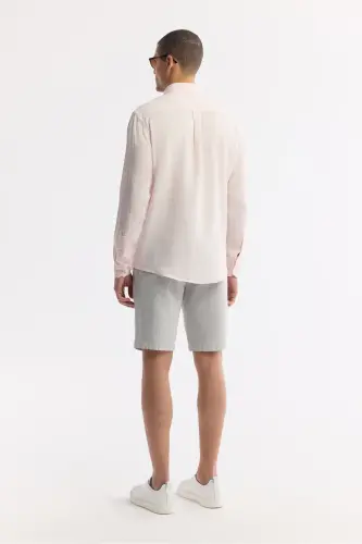 Erkek Pembe Düğmeli Yaka %100 Keten Comfort Fit Gömlek B002191-Pembe - 4