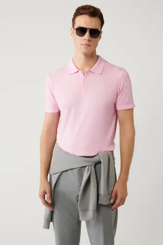 Erkek Pembe 3 Düğmeli Polo Yaka Triko Regular Fit T-Shirt A41Y5067 - Pembe 