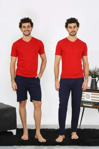 Erkek Penye Kırmızı 3'lü Pijama Takımı 6848 - 13
