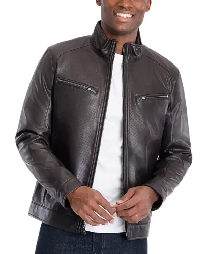 Men's Perforated Faux Leather Moto Jacket, Created for Modazone - Espresso - 1
