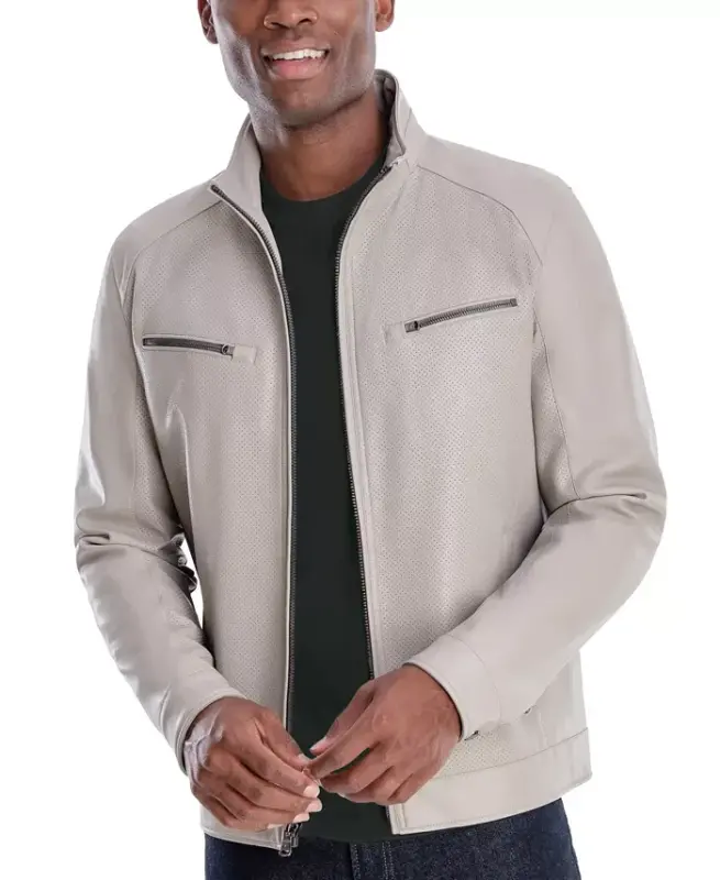 Men's Perforated Faux Leather Moto Jacket, Created for Modazone - Bone - 1