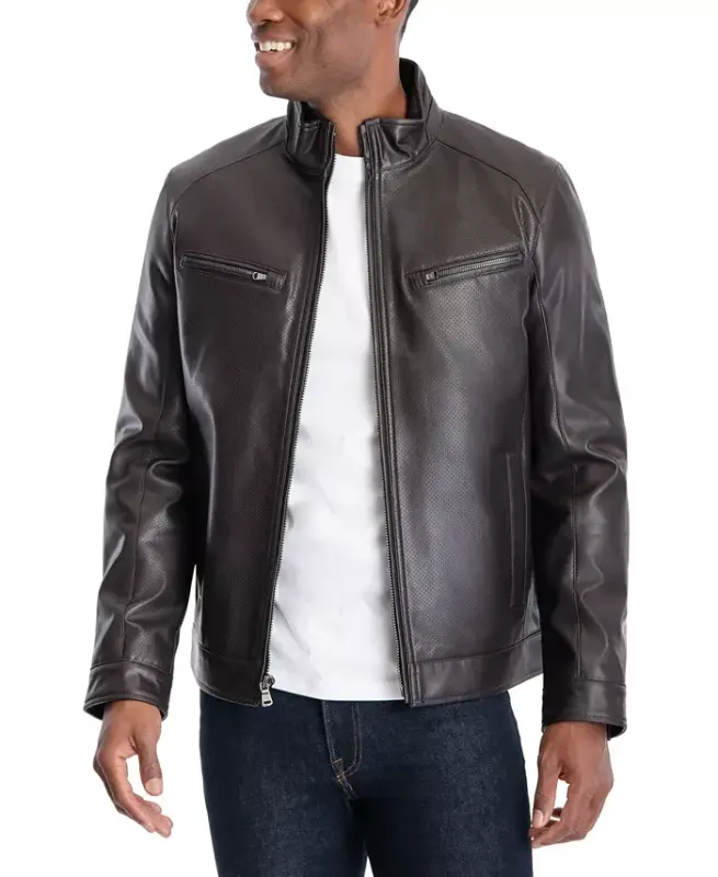 Men's Perforated Faux Leather Moto Jacket, Created for Modazone - Bone - 4