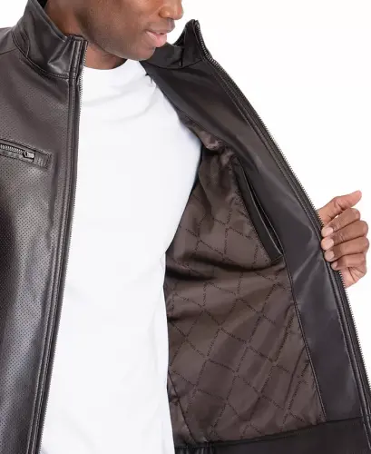 Men's Perforated Faux Leather Moto Jacket, Created for Modazone - Bone - 5