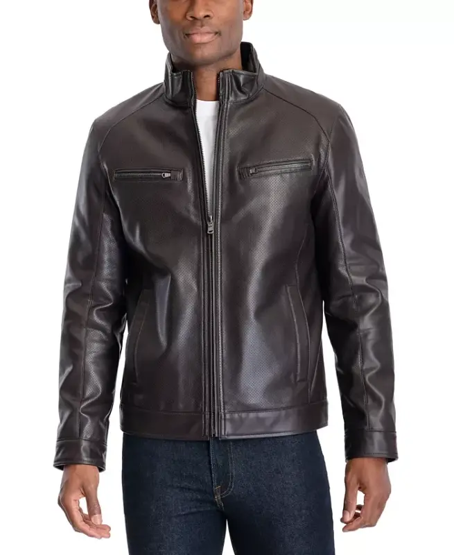 Men's Perforated Faux Leather Moto Jacket, Created for Modazone - Bone - 6