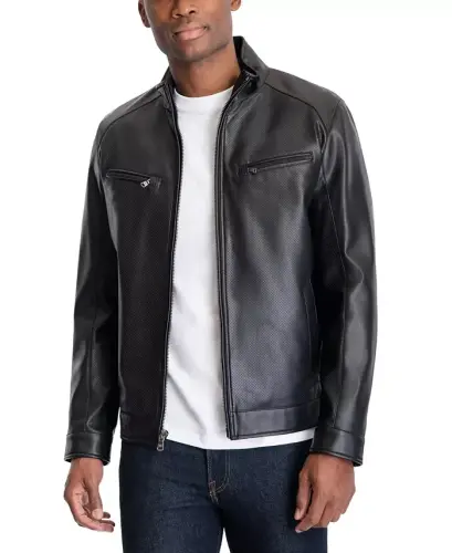 Men's Perforated Faux Leather Moto Jacket, Created for Modazone - Black 