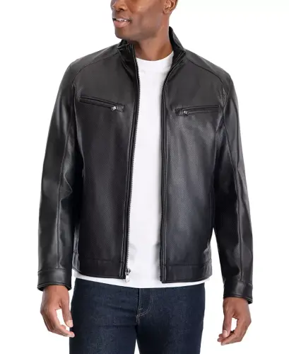 Men's Perforated Faux Leather Moto Jacket, Created for Modazone - Black - MICHAEL KORS (1)