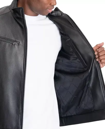 Men's Perforated Faux Leather Moto Jacket, Created for Modazone - Black - 3