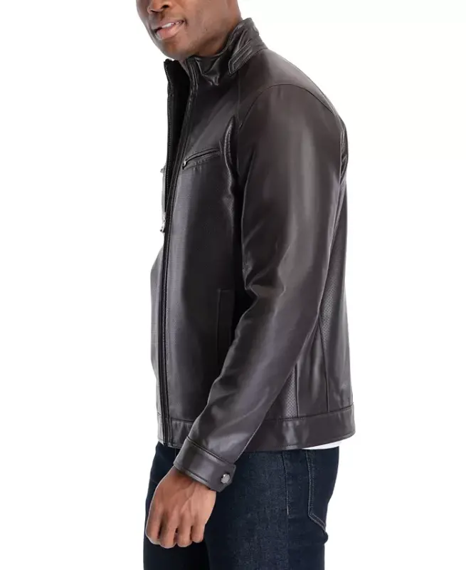Men's Perforated Faux Leather Moto Jacket, Created for Modazone - Black - 10