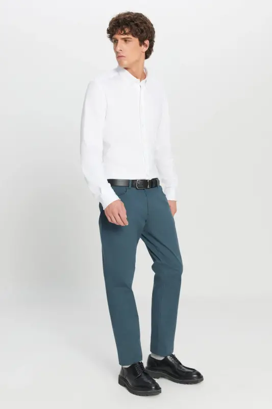 Erkek Petrol Diz İzi Yapmayan Slim Fit Dar Kesim 5 Cep Pamuklu Kanvas Esnek Casual Pantolon - Petrol - 6
