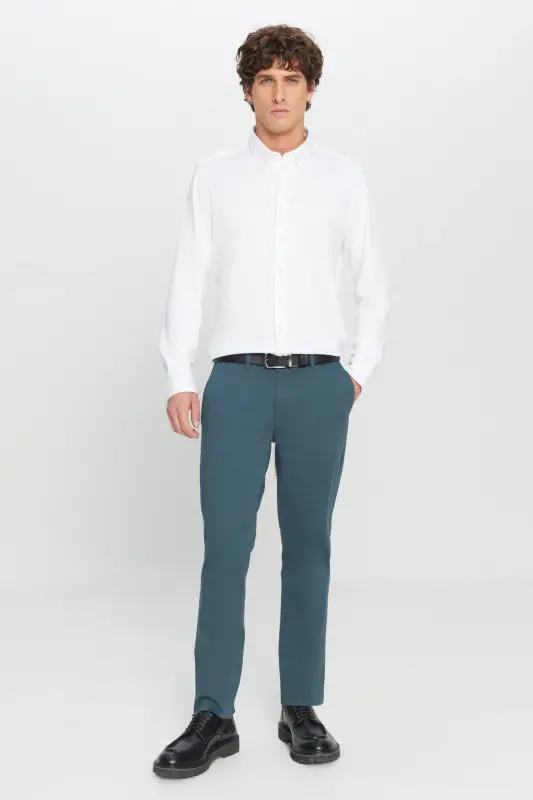 Erkek Petrol Diz İzi Yapmayan Slim Fit Dar Kesim Yan Cep Pamuklu Esnek Casual Pantolon - Petrol - 6