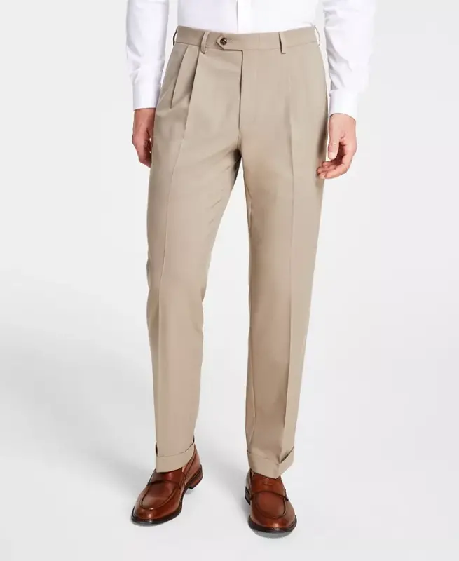 Men's Pleated Solid Classic Fit Pants - Tan - 2
