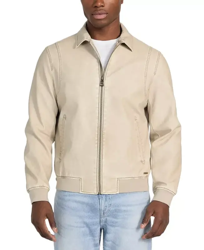 Men's Aviator Relaxed-Fit Faux-Leather Bomber Jacket - Pearl/beige Combo - 1