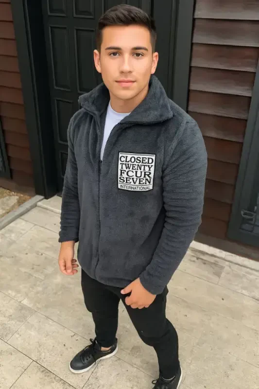 Erkek Polar Fermuarlı Sweatshirt – Kapüşonsuz, Cepli, Yumuşak Dokulu, Oversize Rahat Kalıp, Kışlık Sıcak Tutan Fermuarlı Üst - Füme - BÜYÜKBEDENIZ