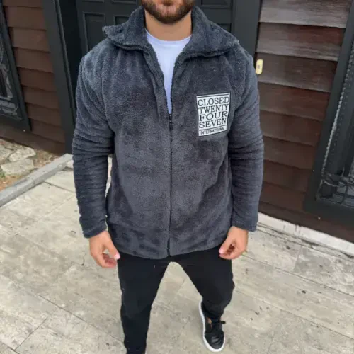 Erkek Polar Fermuarlı Sweatshirt – Kapüşonsuz, Cepli, Yumuşak Dokulu, Oversize Rahat Kalıp, Kışlık Sıcak Tutan Fermuarlı Üst - Füme - 2